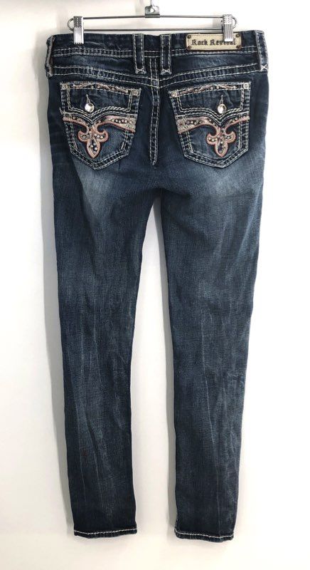 Rock Revival Women's Yui Skinny Jeans Blue Embellished Flap Pocket Sz 28