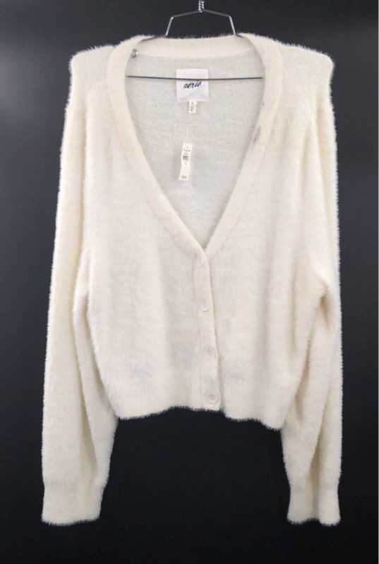 Aerie Women's White Fuzzy Cropped Button Front Cardigan Sweater NWT Sz XL