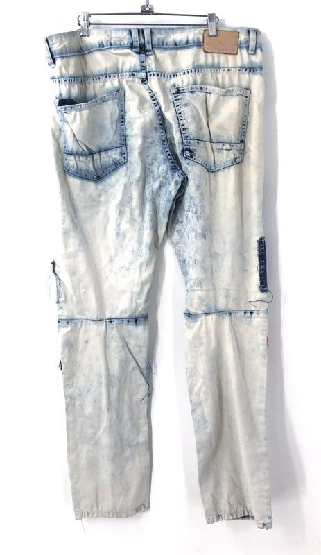 Smoke Rise Men's Jeans Acid Wash Blue Patchwork Distressed Graphic Sz 36x34