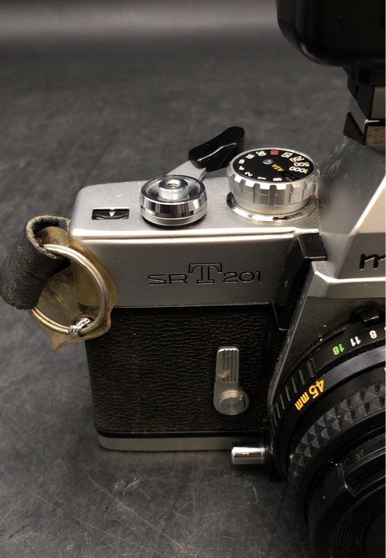 Minolta SRT 201 35mm SLR Film Camera With Lens & Flash