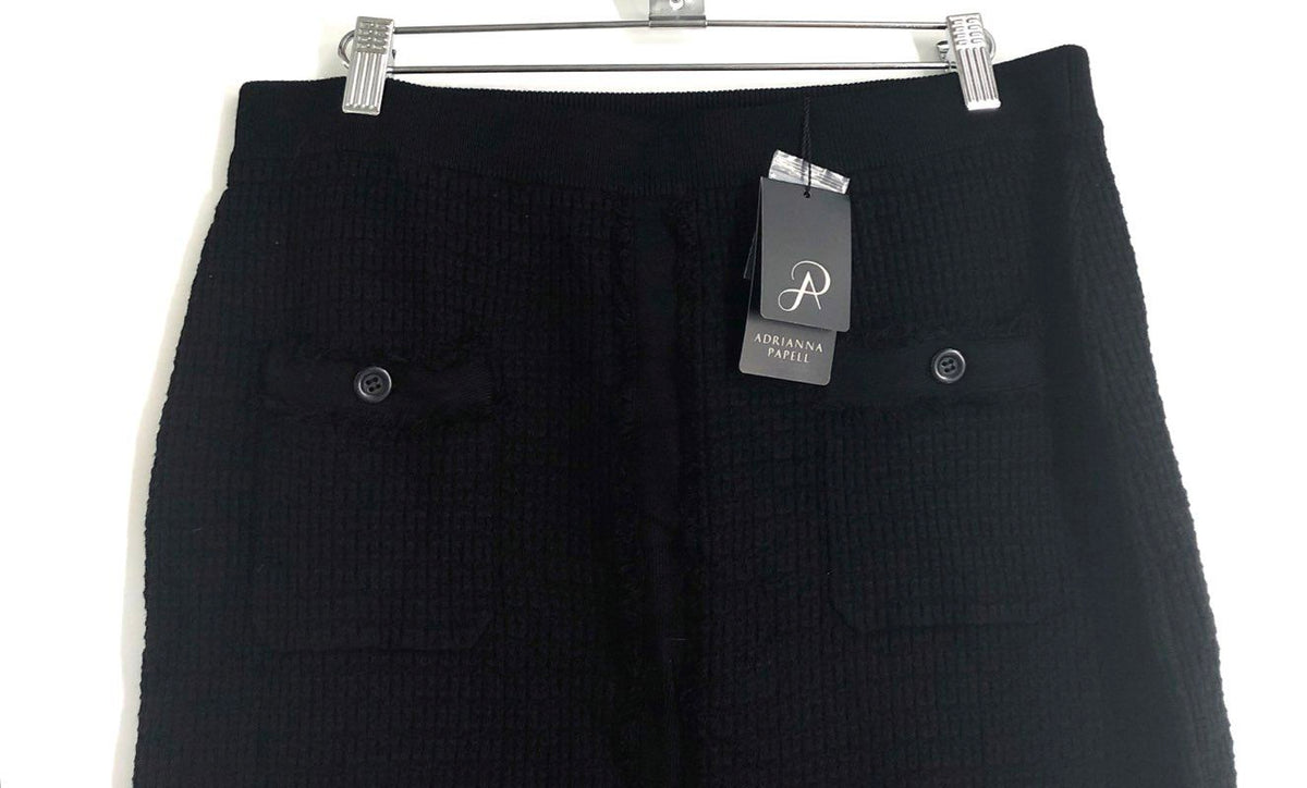 Adrianna Papell Women's Black Textured Knit Frayed Hem Button Skirt Sz M NWT
