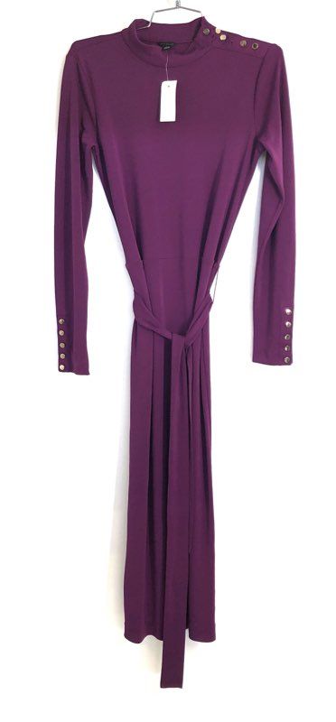 Ann Taylor Women's Purple Mock Neck Shoulder Button Belted Dress Sz 2 NWT