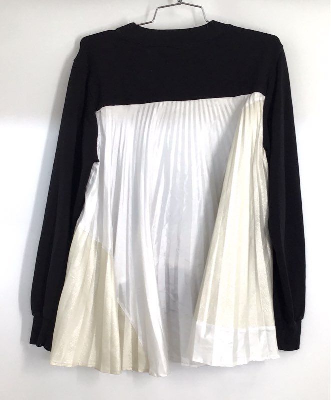 Clu Women's Black Sweatshirt White Contrast Pleated Satin Back Mixed Media Sz S