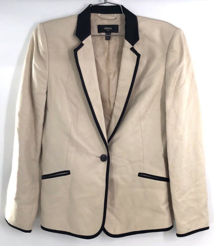 MNG Mango Women's Beige Linen Blend Herringbone Blazer Jacket Black Piping Sz 8