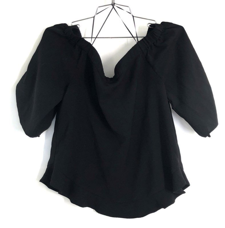 Olivia Grey Women's Black Off-the-Shoulder Puff Sleeve Tie Cuff Blouse Sz XS