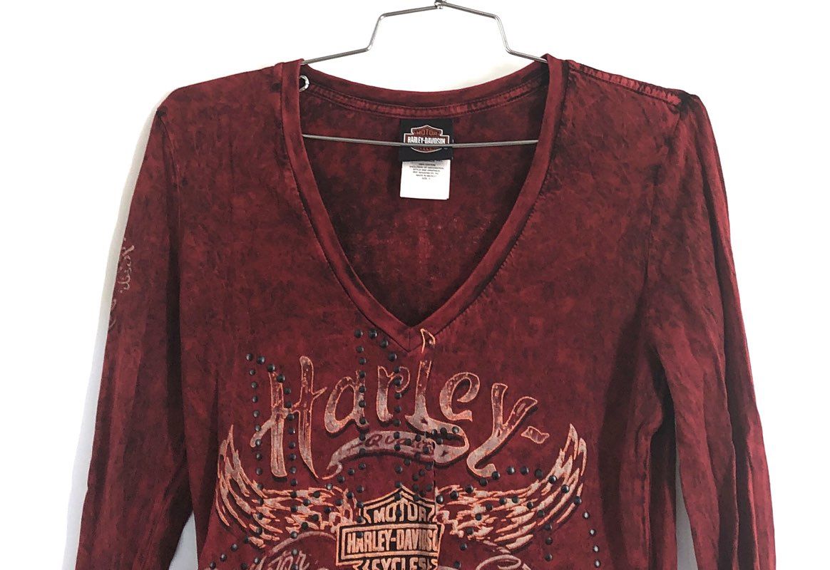 Harley-Davidson Red River Texas Studded V-Neck Long Sleeve Shirt Red Sz S