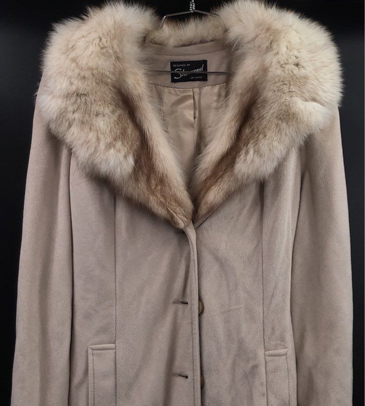 Vintage 70s Sherwood of Ohio Long Fur Collar Belted Suede Cloth Coat Sz S/M