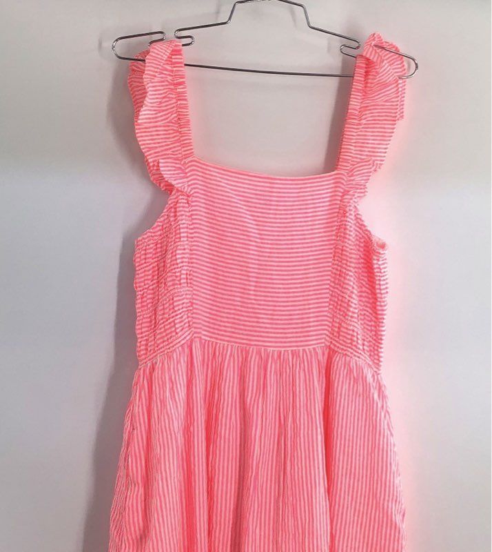 Draper James Women's Carrie Midi Dress Pink Seersucker Ruffle Sz M NWT