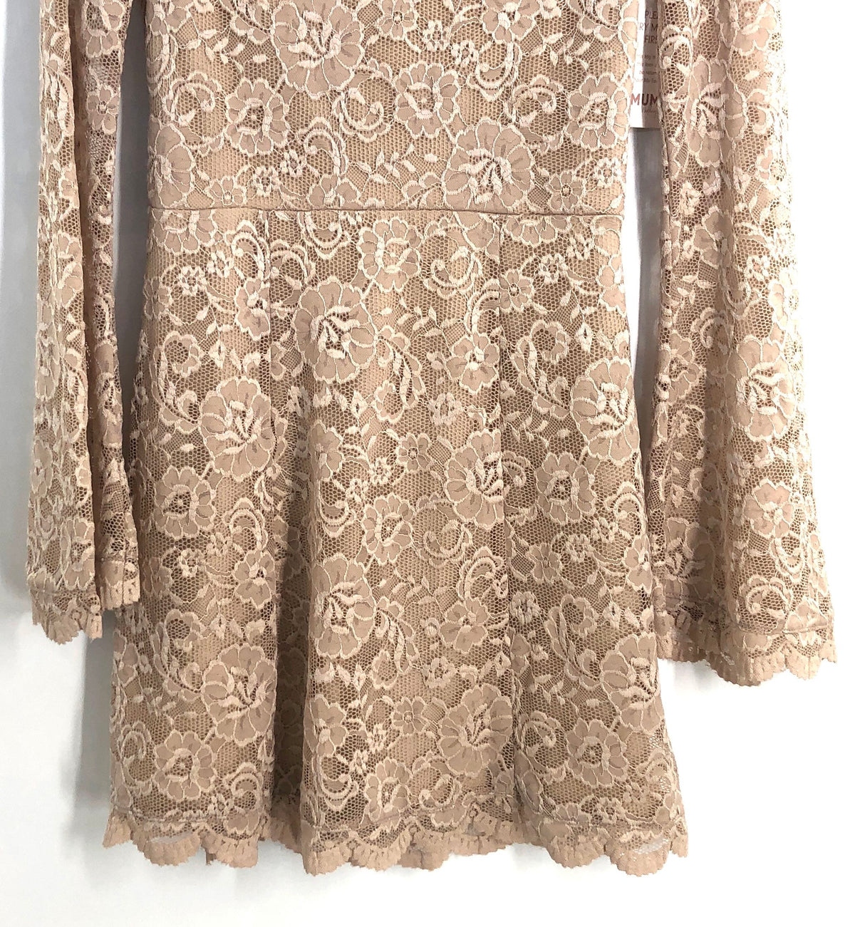 Show Me Your Mumu Women's Beige Floral Lace Bell Sleeve Open Back Mini Dress S