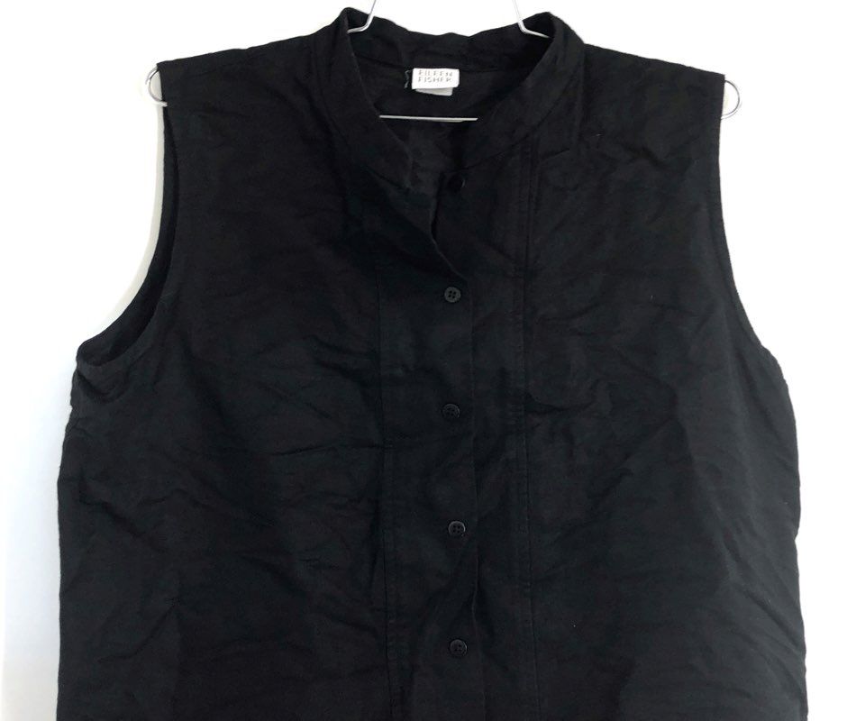 Eileen Fisher Women's Black Linen Rayon Sleeveless Button Front Blouse Sz B