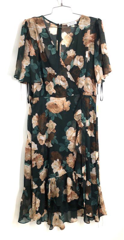 Calvin Klein Women's Green Rose Floral Ruffle Hi-Low Dress Flutter Sleeve NWT 10