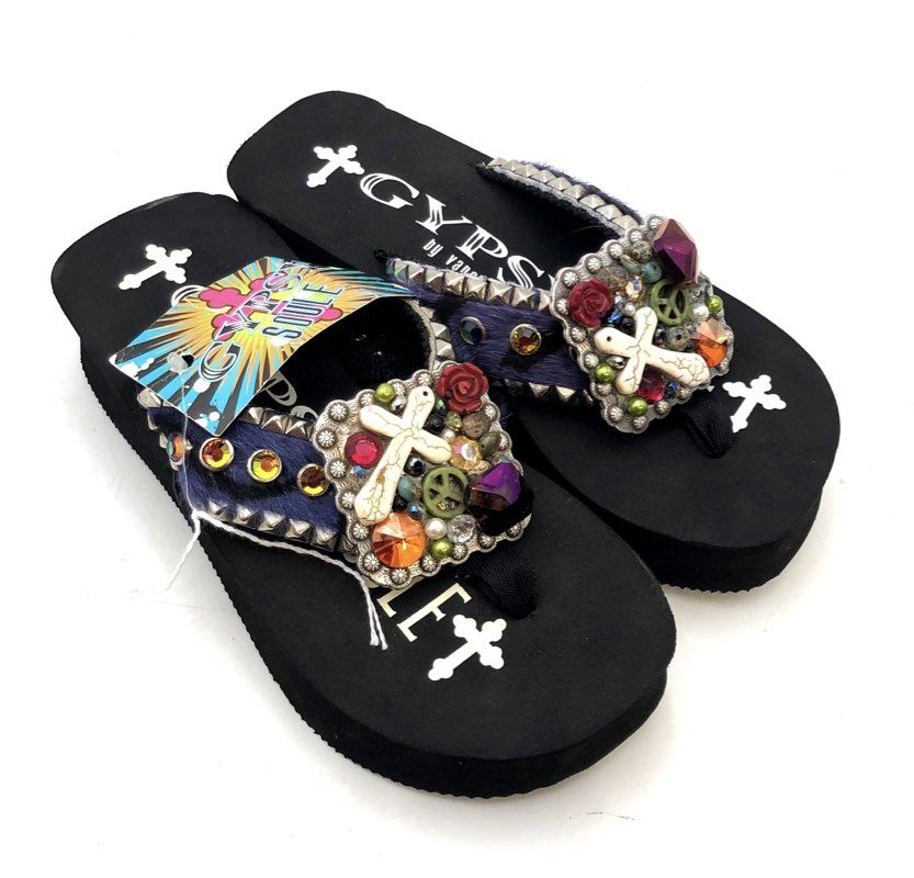 Gypsy Soule Rockz Black Purple Zebra Studded Wedge Sandals Women's Size 7 NWT