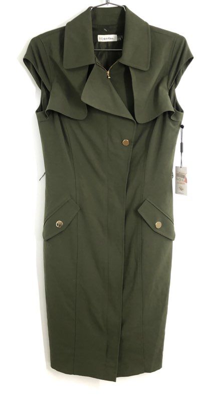 Calvin Klein Women's Olive Green Trench Style Sheath Dress Gold Zip NWT Sz 2