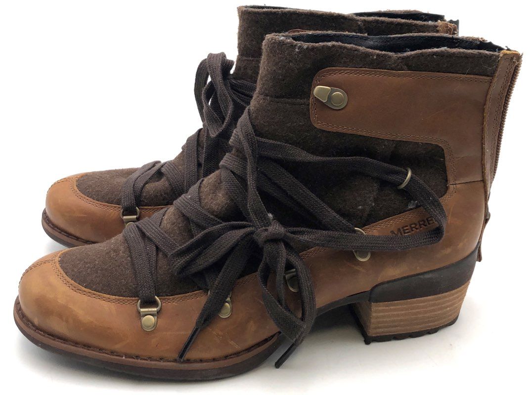 Merrell J004418 Brown Leather Felt Rear Zip Lace Up Ankle Boots Women's Size 9