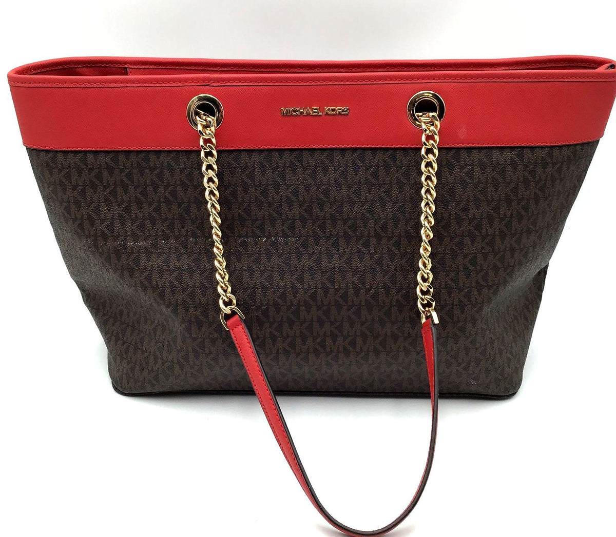 Michael Kors Brown Signature Print Tote Bag with Red Trim (+ COA)