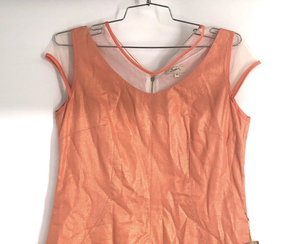 Ledar Women's Morella Sheath Dress Peach Metallic Linen Mesh Trim NWT Sz M