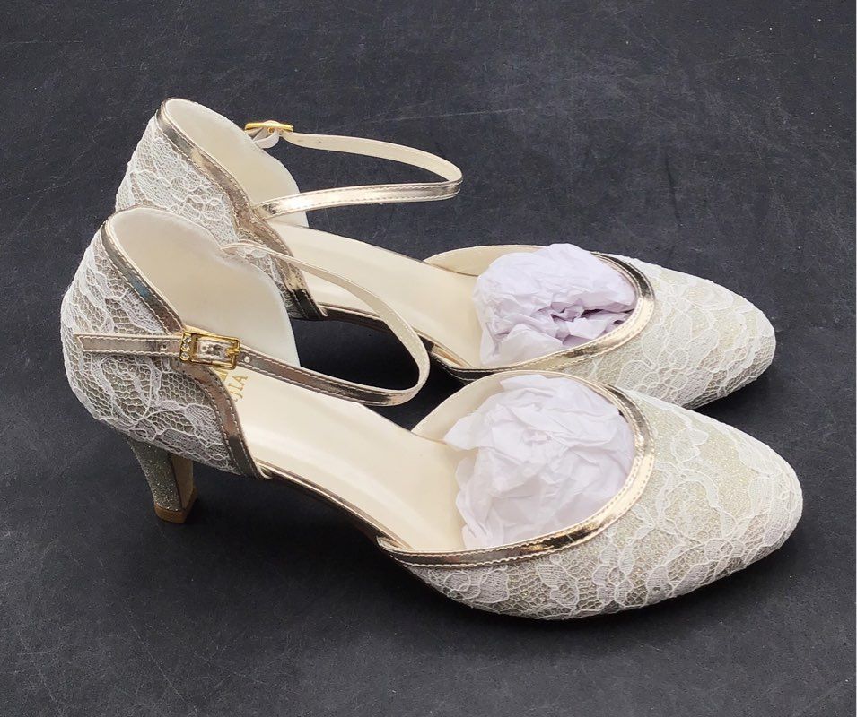 Jia Jia White Lace Gold Glitter Ankle Strap D'Orsay Kitten Heel Size EU 41