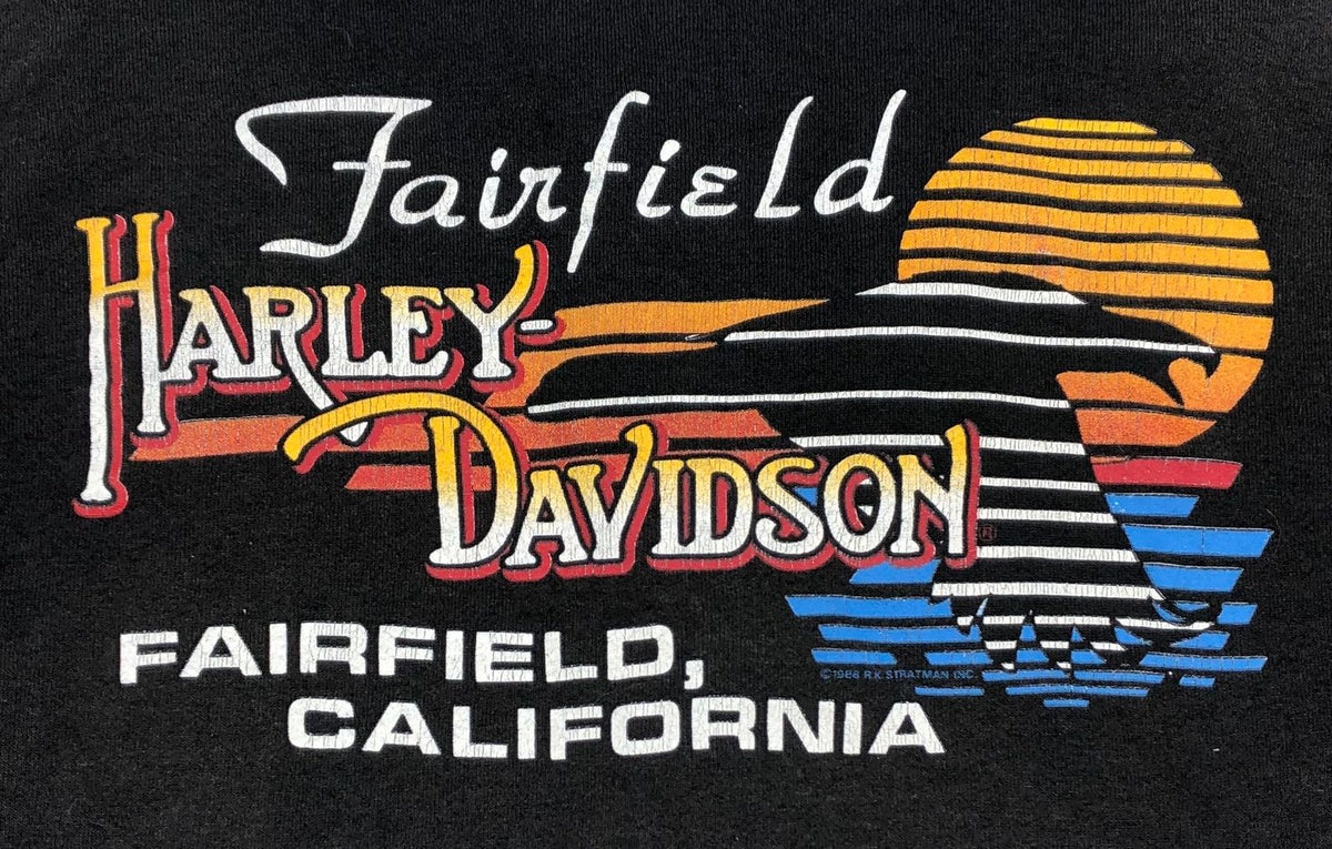 Vintage 1986 Harley-Davidson Fairfield, CA Black Front/Back Print Zip Hoodie - L