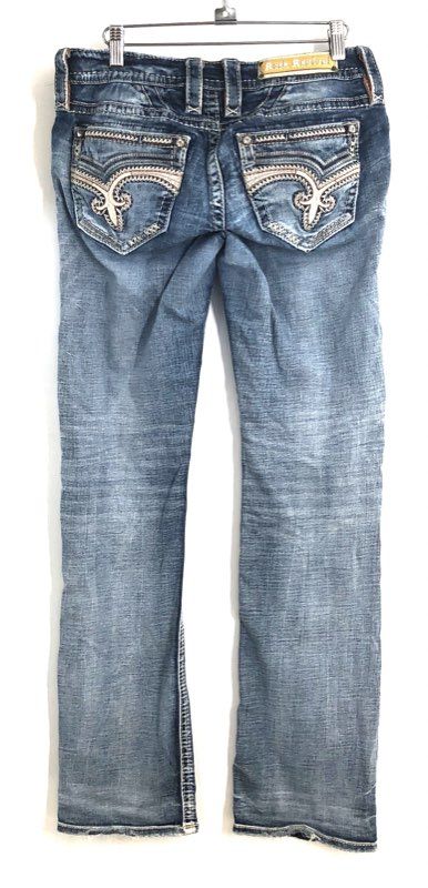 Rock Revival Women's Belva B205 Bootcut Jeans Blue Whiskered Embellished Sz 28