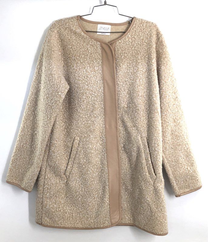 Stylus Women's Beige Boucle Faux Leather Trim Open Front Topper Coat Sz L