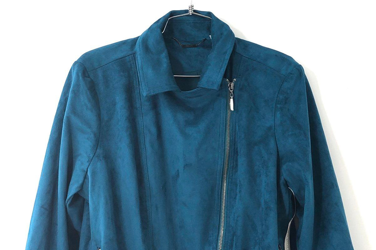 Chico's Women's NWT Faux Suede Moto Jacket Teal Collared Size 2 US 12/14