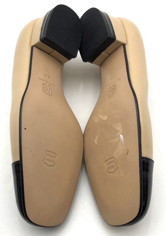 Bruno Magli Beige Black Cap Toe Low Block Heel Leather Pumps Size 7.5 B
