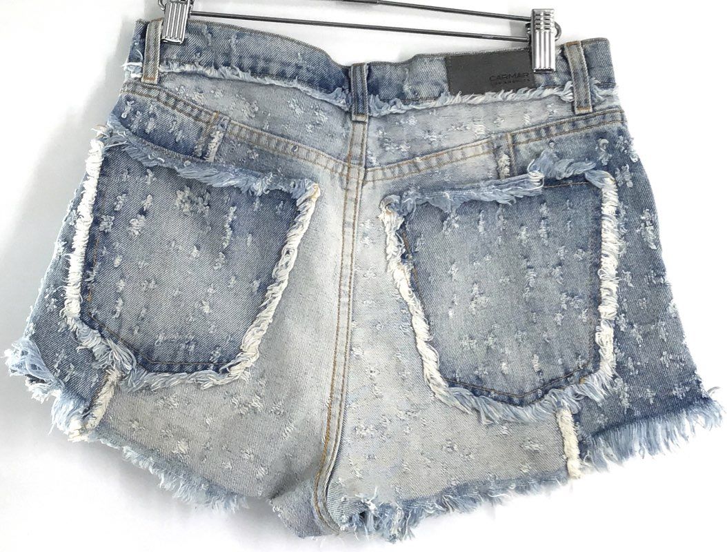Carmar Women's Light Wash Distressed High Rise Denim Patchwork Shorts Sz 27
