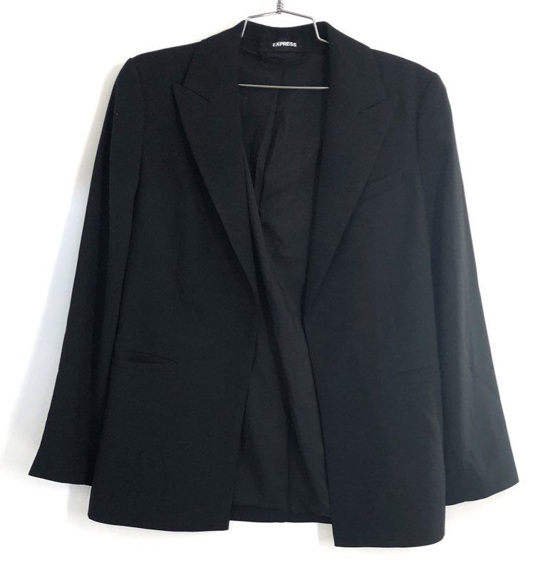 Express Women's Black Open Front Blazer Notched Lapel Polyester Jacket Sz XS