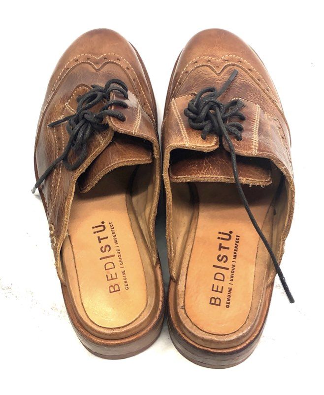 Bed Stu Mickie Distressed Brown Leather Wingtip Cobbler Mule Shoes Women's Sz 7
