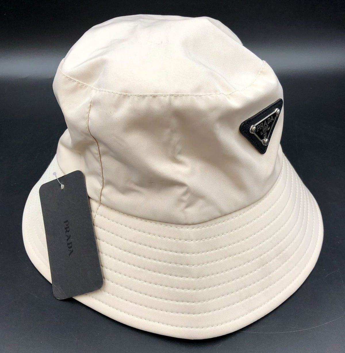 NWT Prada Inspired Beige Nylon Unisex Bucket Hat with Black/Silver Triangle Logo