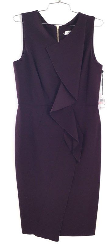 Calvin Klein Women's Plum Sleeveless Ruffle Asymmetric Sheath Dress Sz 10 NWT