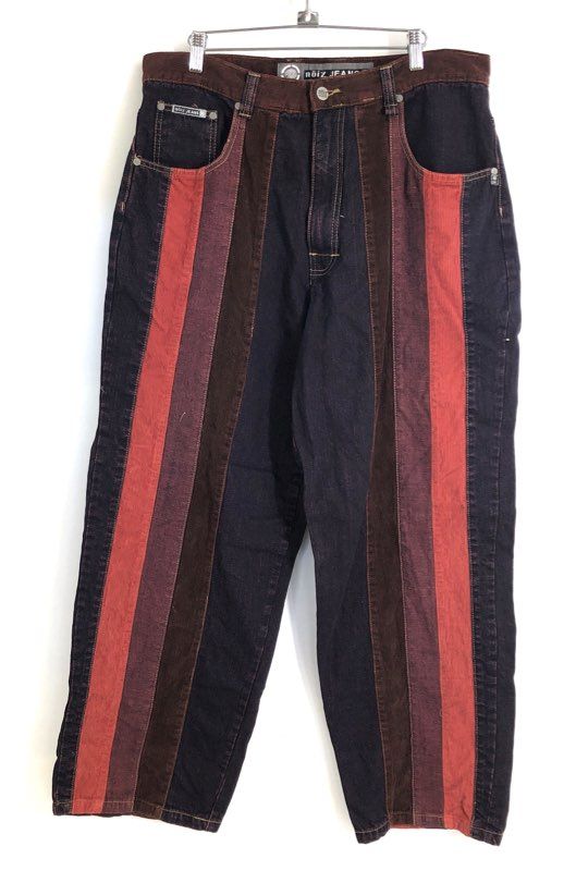 Vintage Y2K Noiz Jeans Striped Panel Baggy Skater Denim Pants Sz 36x32
