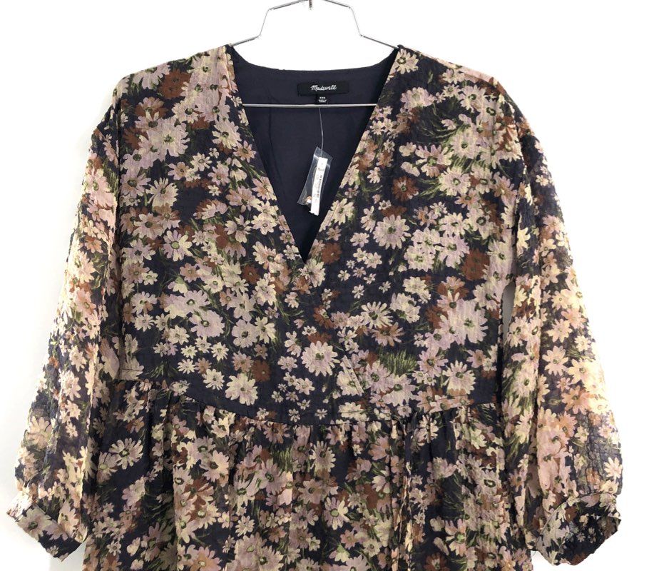 Madewell Women's Floral Surplice V-Neck Mini Dress Black Floral NWT Sz XXS