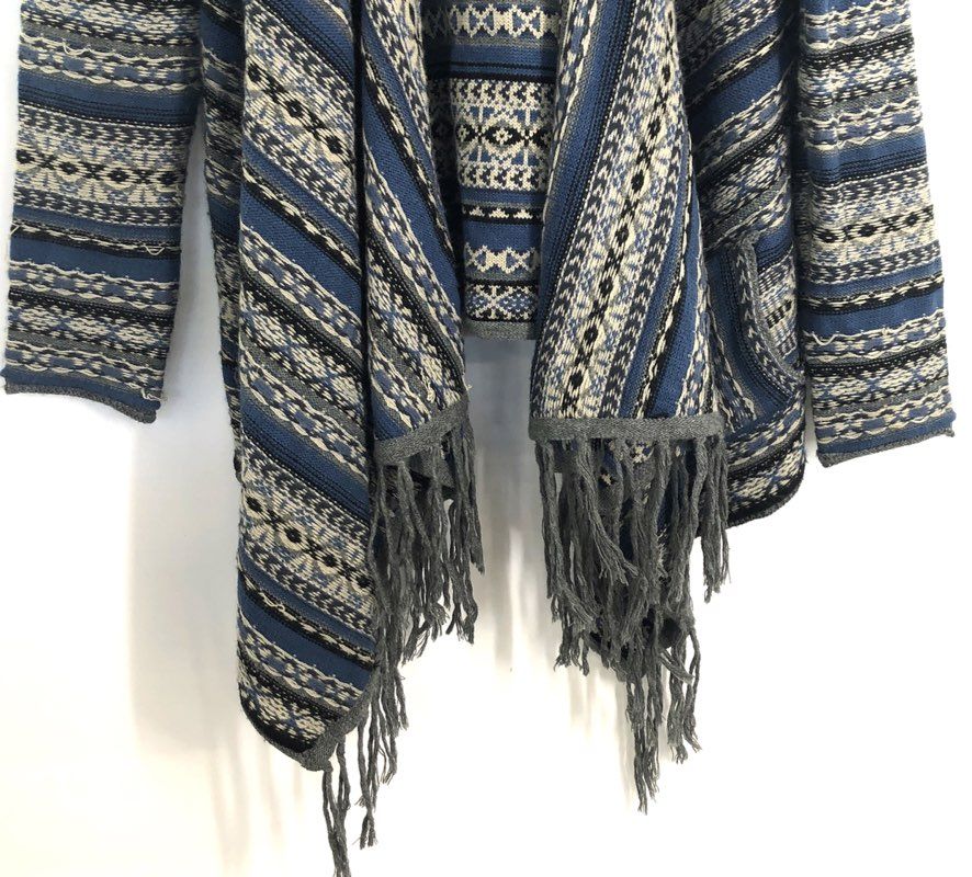Elan Women's Blue Southwestern Tribal Open Front Fringe Cardigan Sweater Sz M