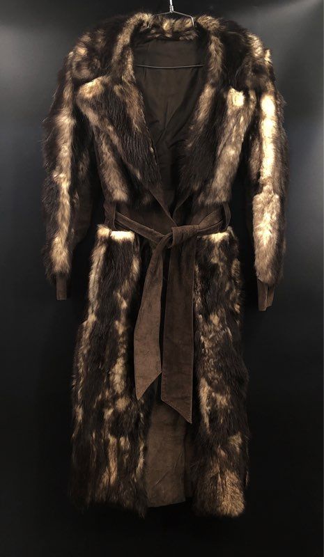 Vintage 70s Fur Suede Belted Trench Coat Maxi Penny Lane Boho Sz M