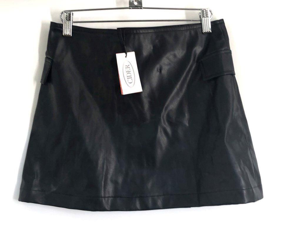 Cider Women's Black Faux Leather Double Breasted Mini Skirt Sz S NWT
