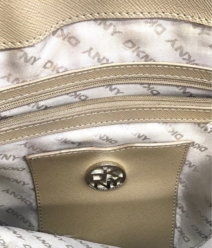 DKNY Tan Red Monogram Canvas Leather Tote Bag Gold Tone Hardware