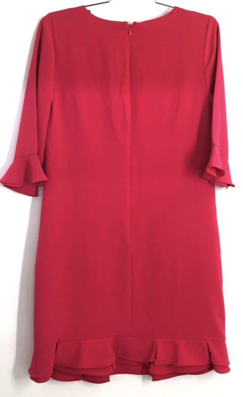 CeCe Women's Red Ruffle Hem & 3/4 Sleeve Crepe Shift Dress Sz 4