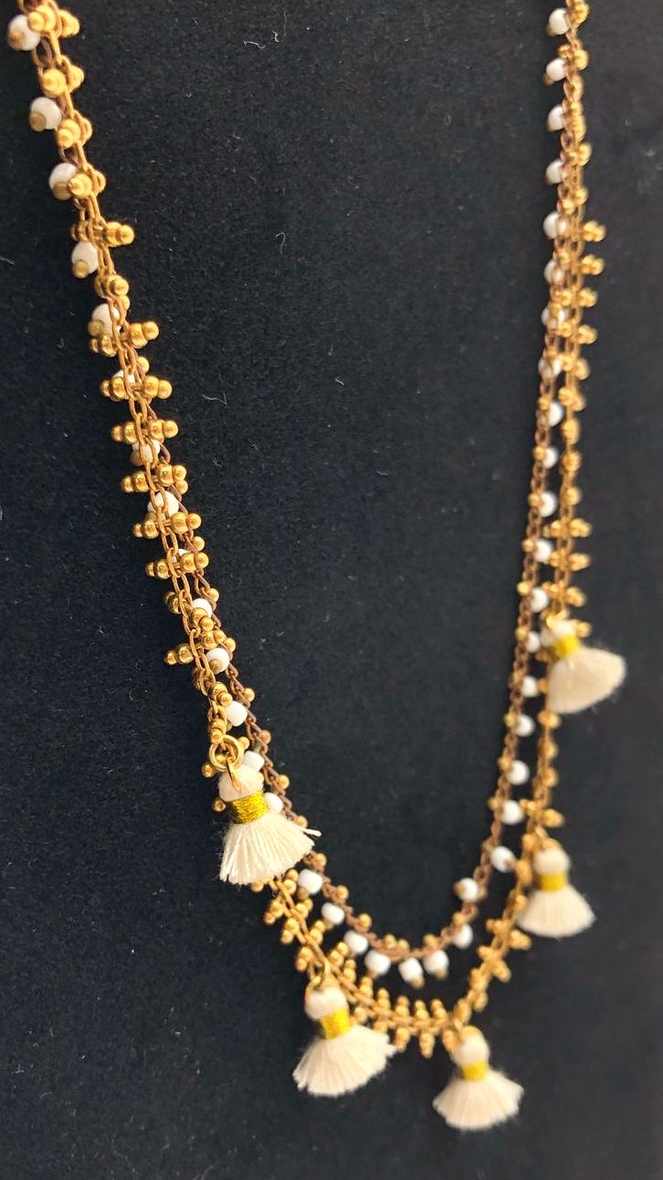 Catherine Popesco Gold Tone White Double Strand Tassel Beaded Necklace 18"