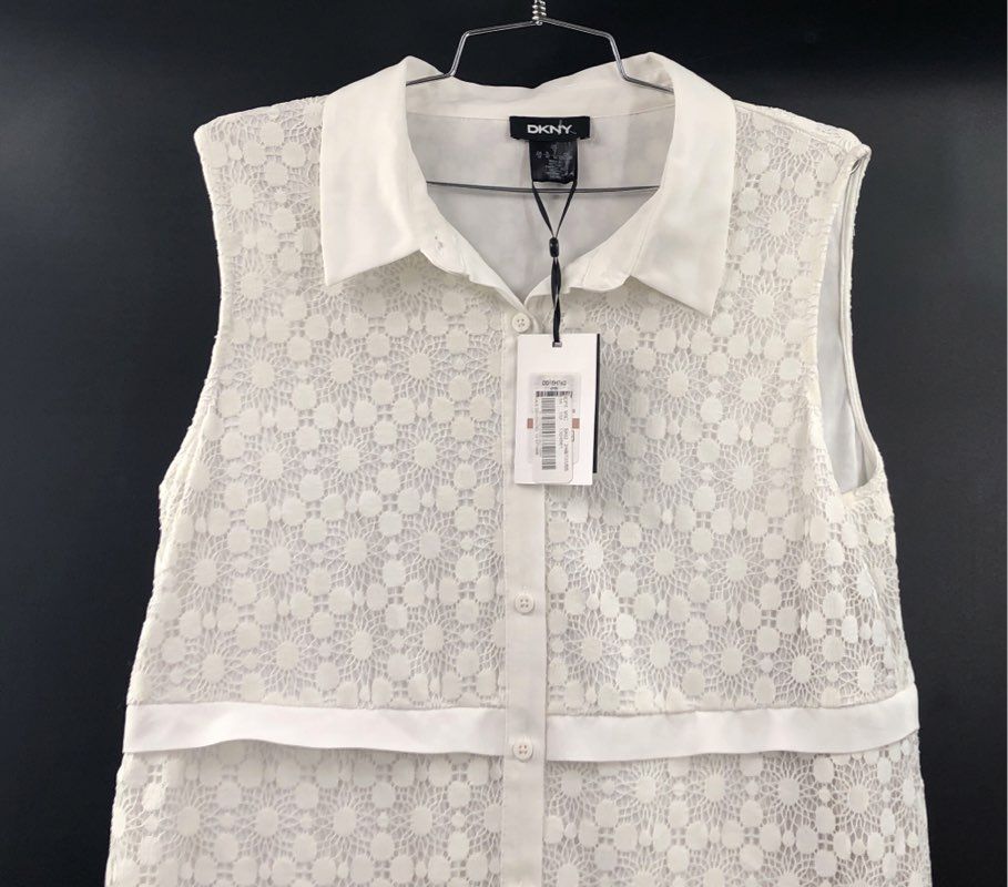 DKNY Women's White Sleeveless Lace Tiered Button Down Shirt Dress NWT Sz 12