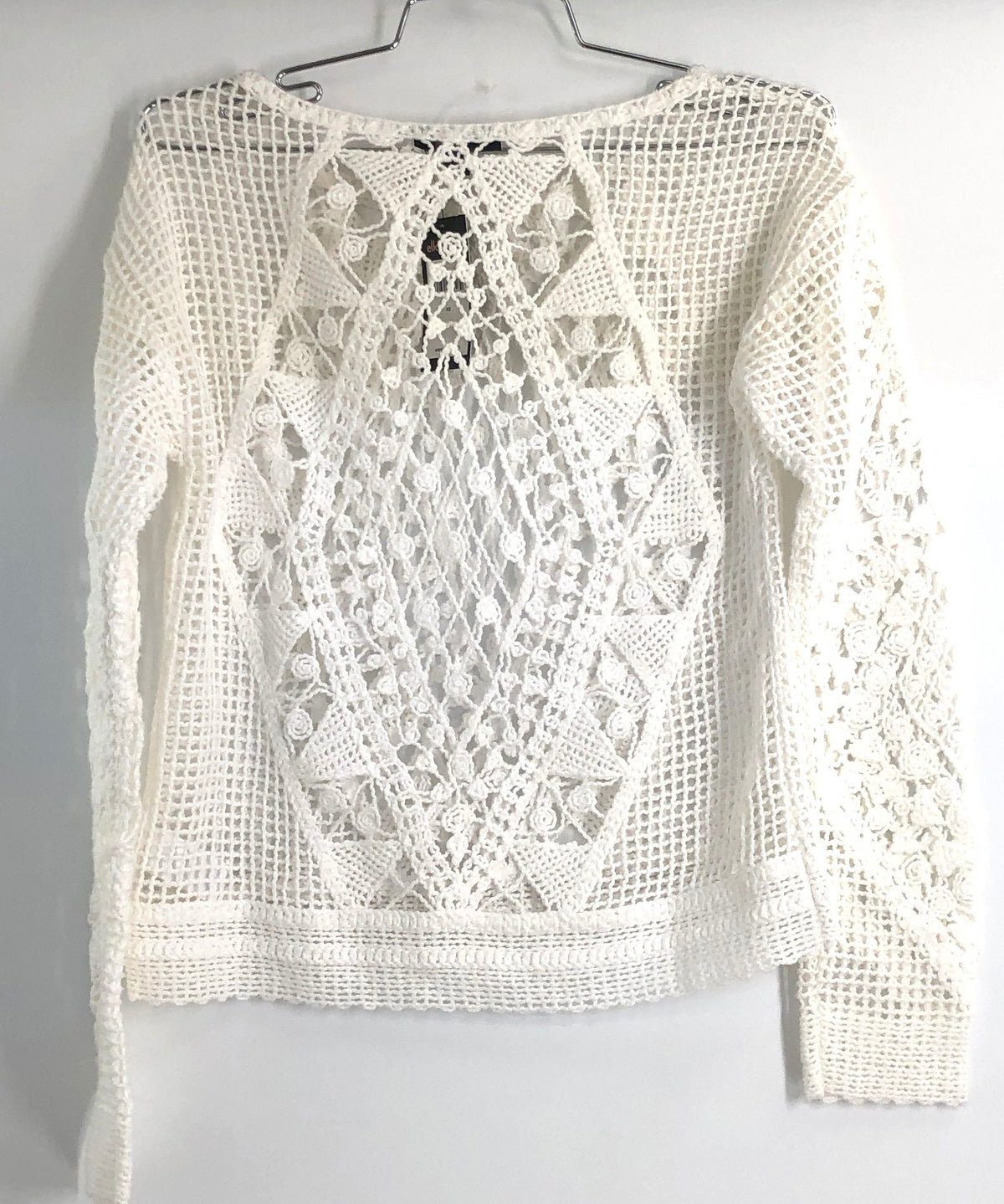 Ella Moss Women's White Open Knit Crochet Sweater Boho Long Sleeve Sz XS NWT