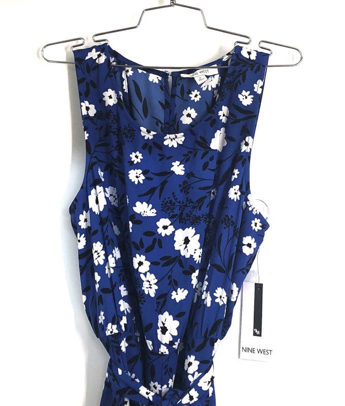 Nine West Women's Blue Floral Sleeveless Maxi Dress with Tie Waist NWT Sz 12