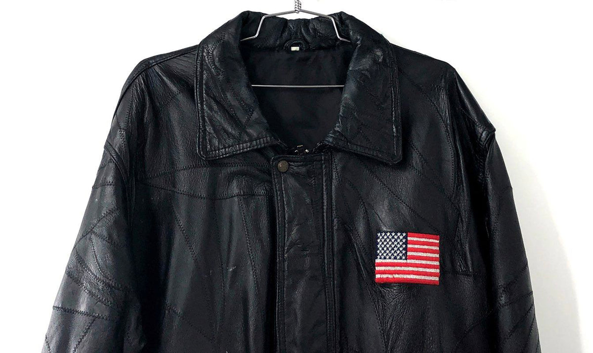 Vintage 90s Patriotic Eagle Patchwork Leather Bomber Jacket USA Flag Sz L