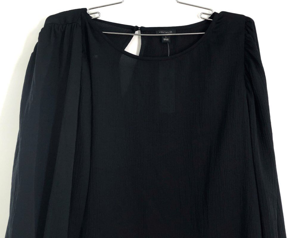 Ann Taylor Women's Black Long Sleeve Tie Cuff Keyhole Back Blouse Sz S NWT