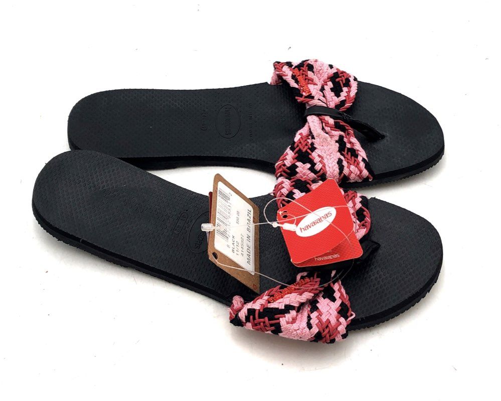 Havaianas Black Pink Woven Bow Flip Flop Sandals Women's Size 11/12W NWT