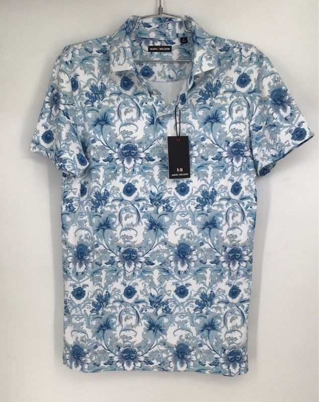 NWT Marc Nelson Men&#39;s Blue Damask Floral Golf Polo Button-Up Shirt - Size S