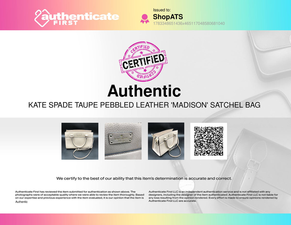 Kate Spade Taupe Pebbled Leather 'Madison' Satchel Bag (+COA)