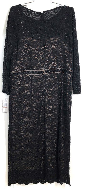 Alex Evenings Women's Black Lace Beaded Waist Long Sleeve Dress Sz 14W NWT