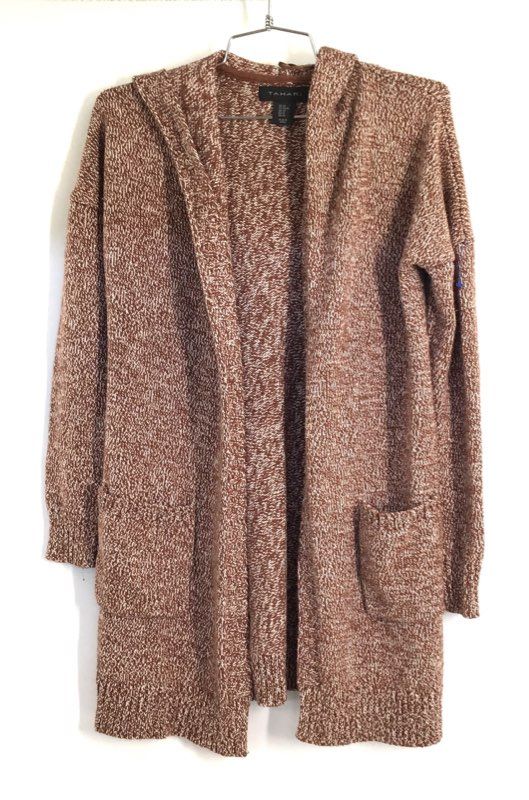 Tahari Women's Brown Marl Hooded Open Front Cardigan Sweater Pockets Sz XS