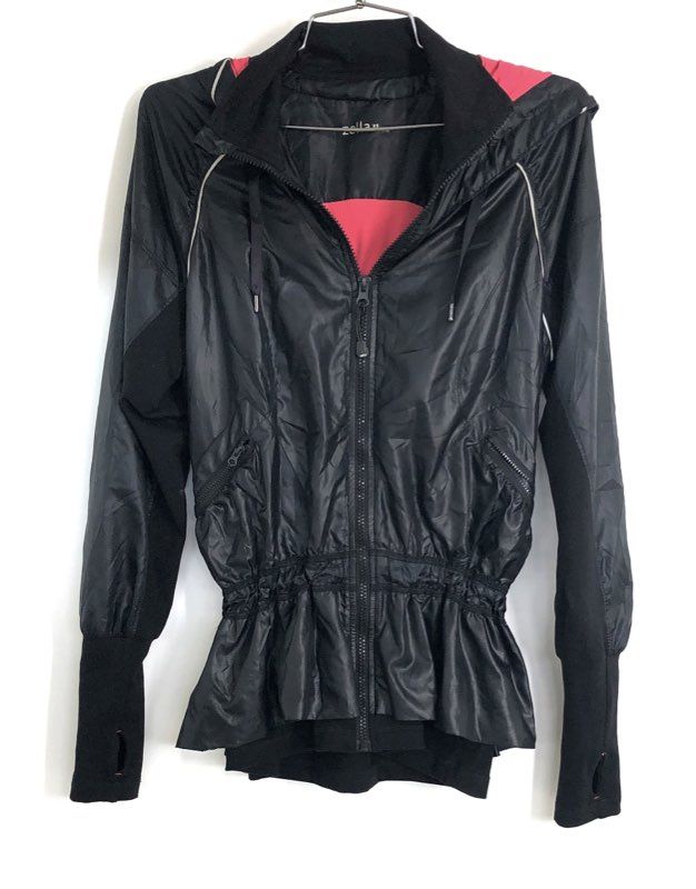 Zella Women's Black Hooded Peplum Running Jacket Pink Accents Thumbholes Sz XS